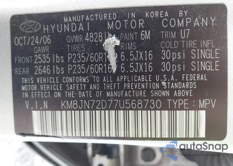2007 Hyundai Tucson Limited/Se z USA, uszkodzony, nr VIN KM8JN72D77U568730